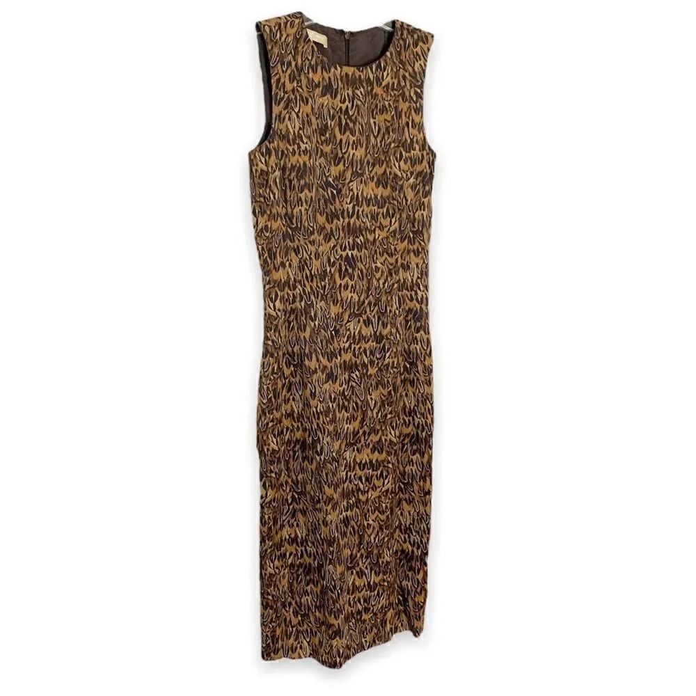 Brown Michael Kors Collection Feather Print Midi Dress Women’s Size 2 Made Italy - Picture 3 of 12